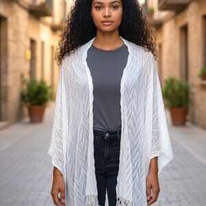 (A-17)Women’s White Sheer Fringe Shawl Wrap Cardigan Boho Lightweight Open Front